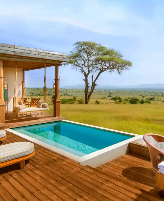 Luxury lodge at One Nature Mara River in Tanzania, featuring a private plunge pool overlooking the vast Serengeti plains.