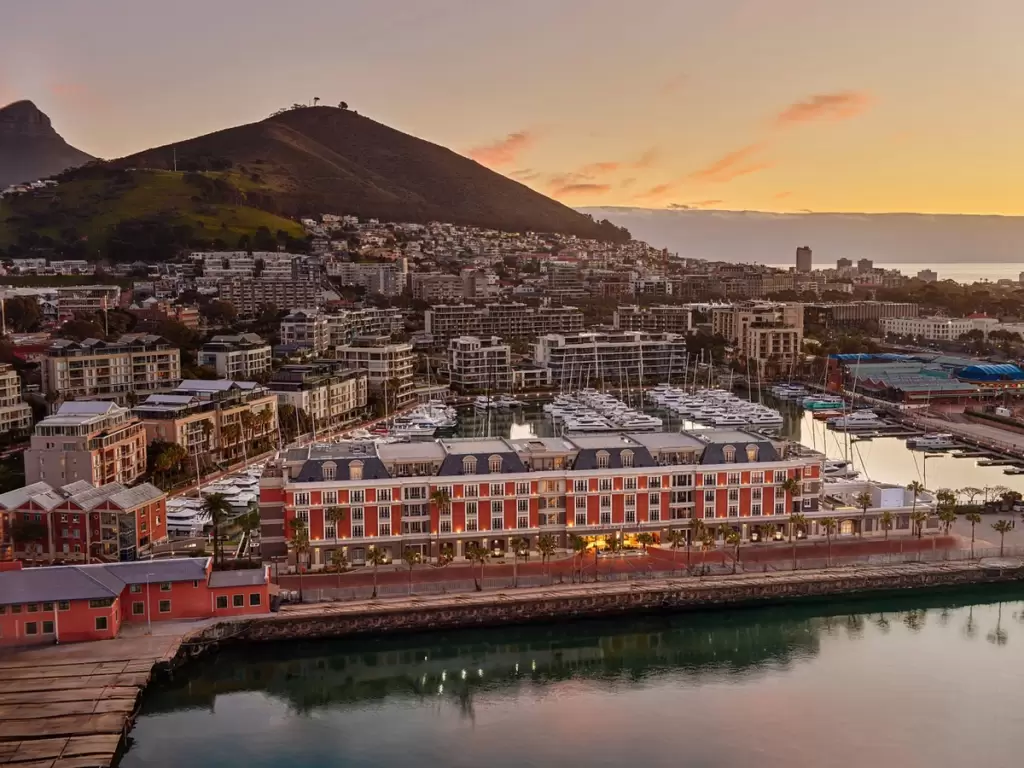 Cape Grace Hotel in V&A Waterfront, Cape Town, with views of the marina and Table Mountain.  