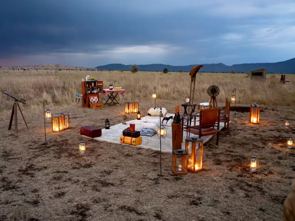 Luxurious bush dining and stargazing in the heart of African savanna, illuminated by lanterns under an evening sky.