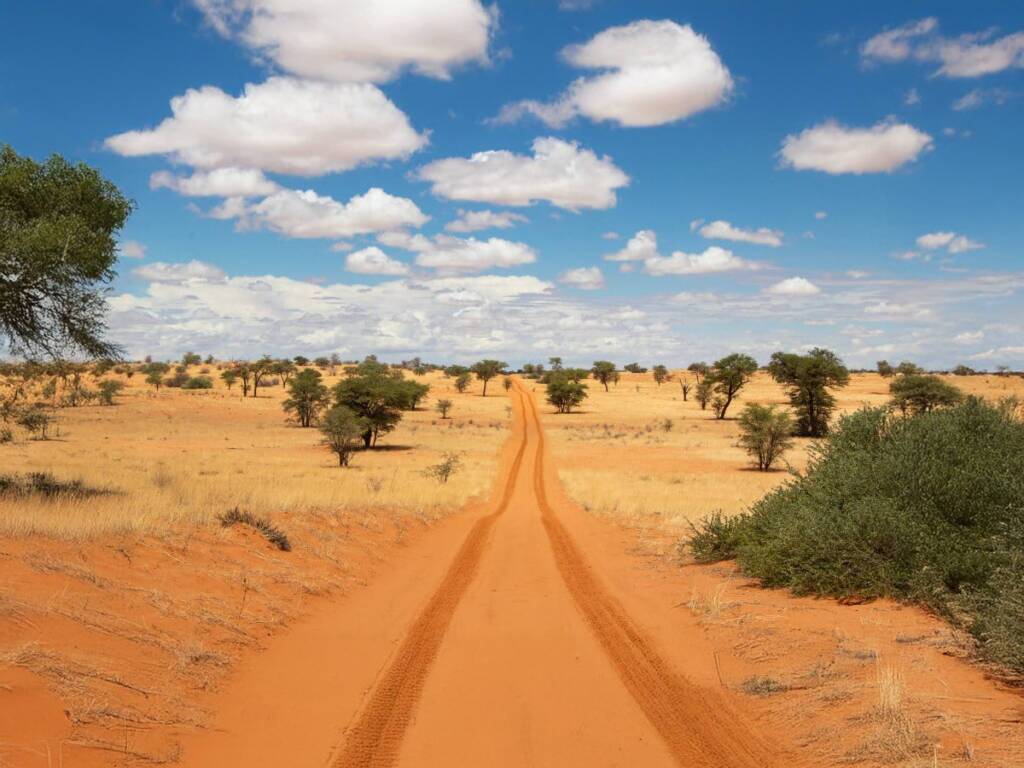 The vast, arid landscape of Kgalagadi Transfrontier Park during Botswana safari.