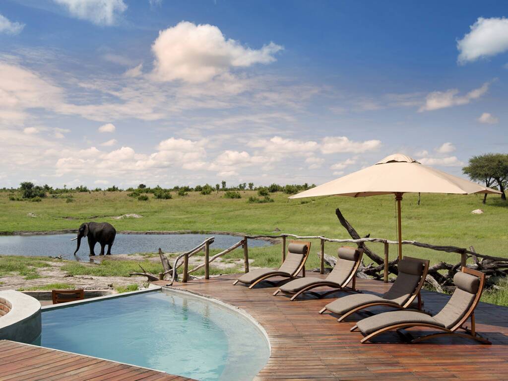 Luxury lodge in Zimbabwe overlooking waterhole with elephant