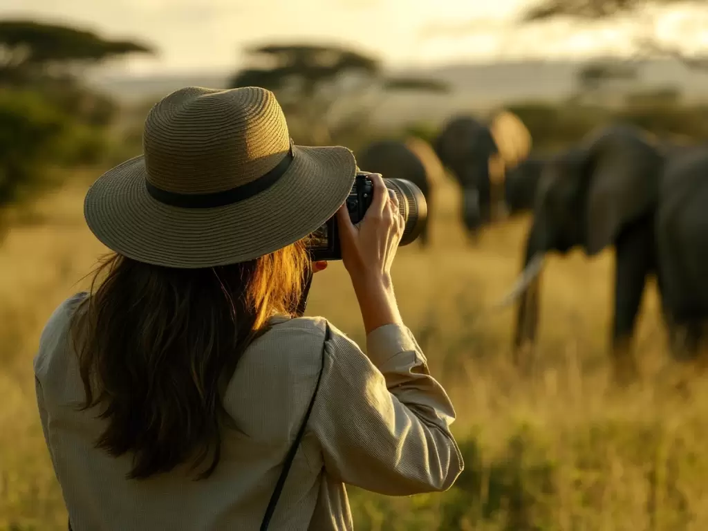 Solo woman on luxury African safari photographing elephants in Tanzania’s Serengeti. 