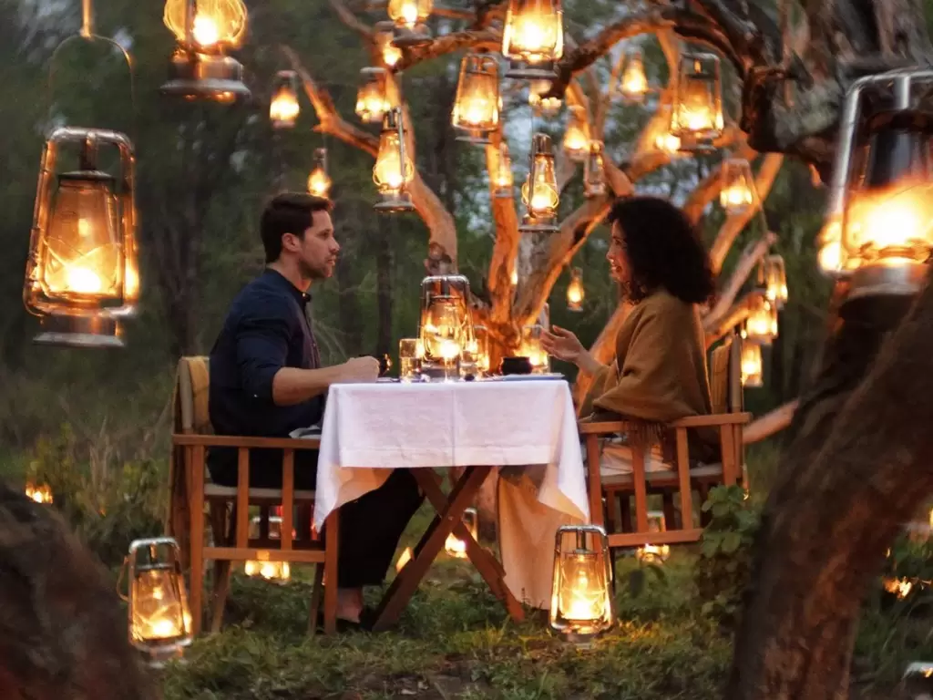 Private romantic dinner in the African bush, for couples celebrating their honeymoon or anniversary.