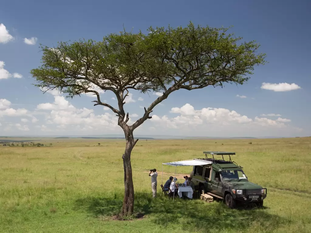 An African safari vehicle parked beneath an acacia tree beside a private bush breakfast setup on open savannah grassland.