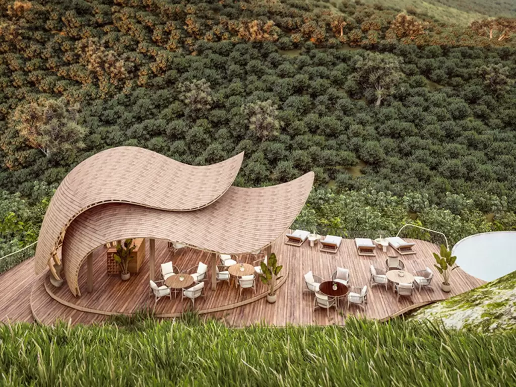 View of Erebero Hills, Uganda’s luxury lodge amidst lush green forest in Bwindi Impenetrable National Park.