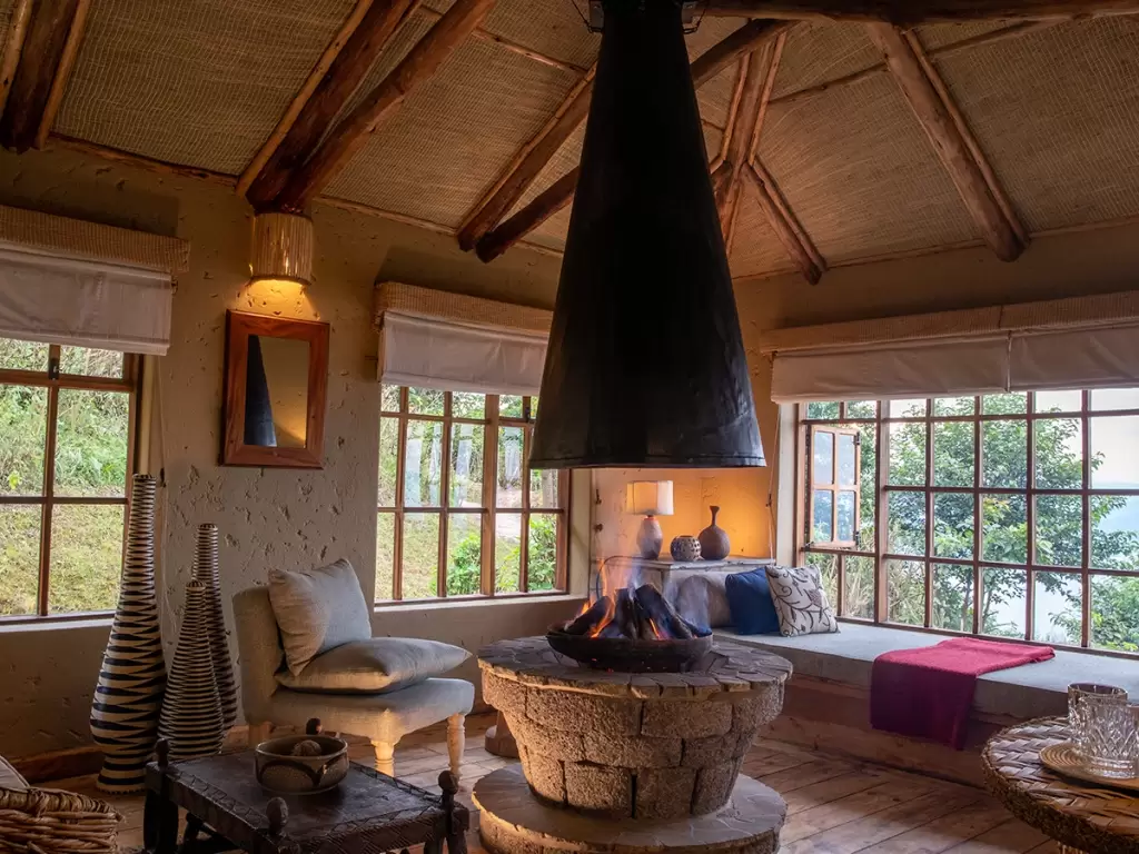 The interior of a deluxe banda of Virunga Inn Resort & Spa, Rwanda’s luxury lodge. 